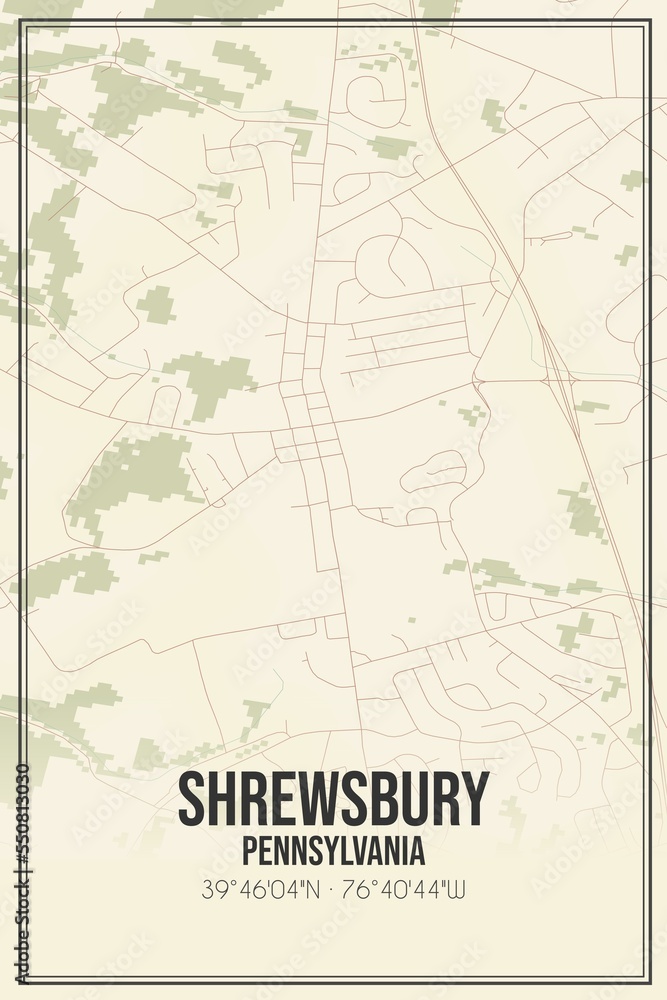 Retro US city map of Shrewsbury, Pennsylvania. Vintage street map.