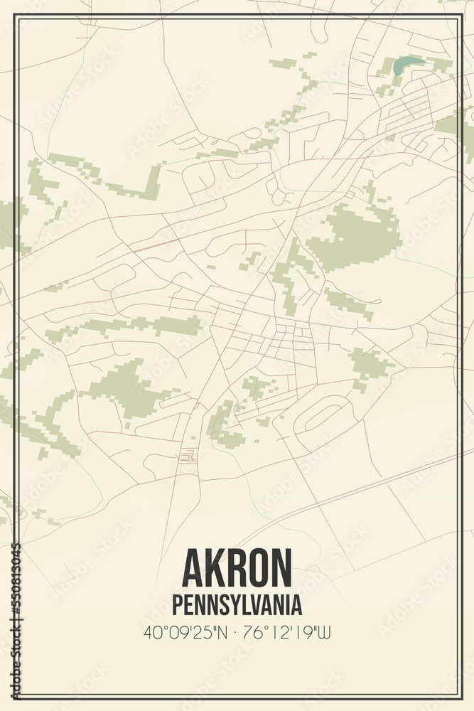 Retro US city map of Akron, Pennsylvania. Vintage street map.