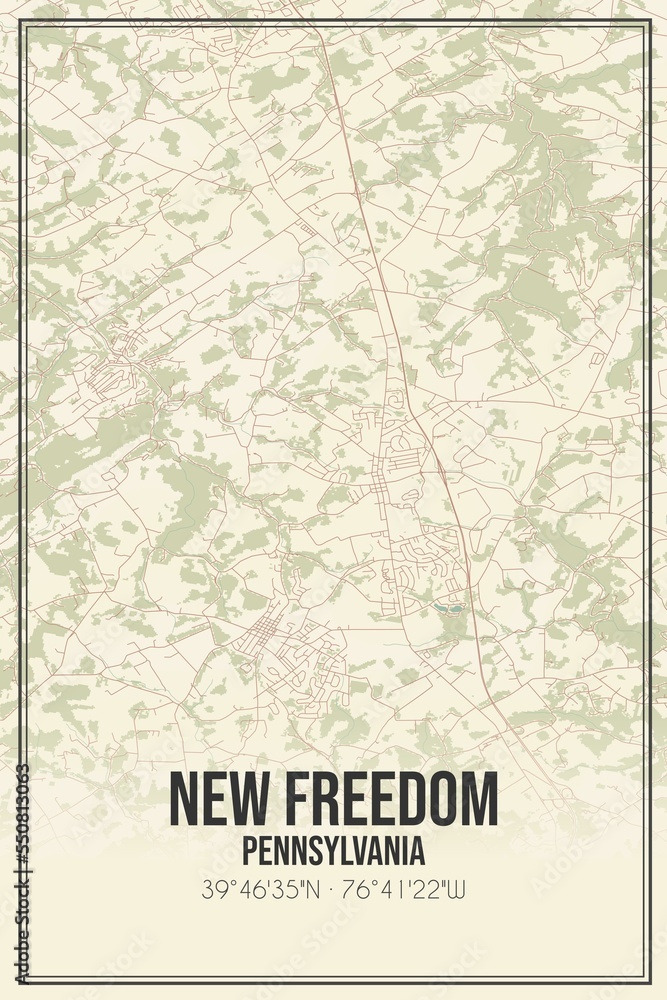 Retro US city map of New Freedom, Pennsylvania. Vintage street map.