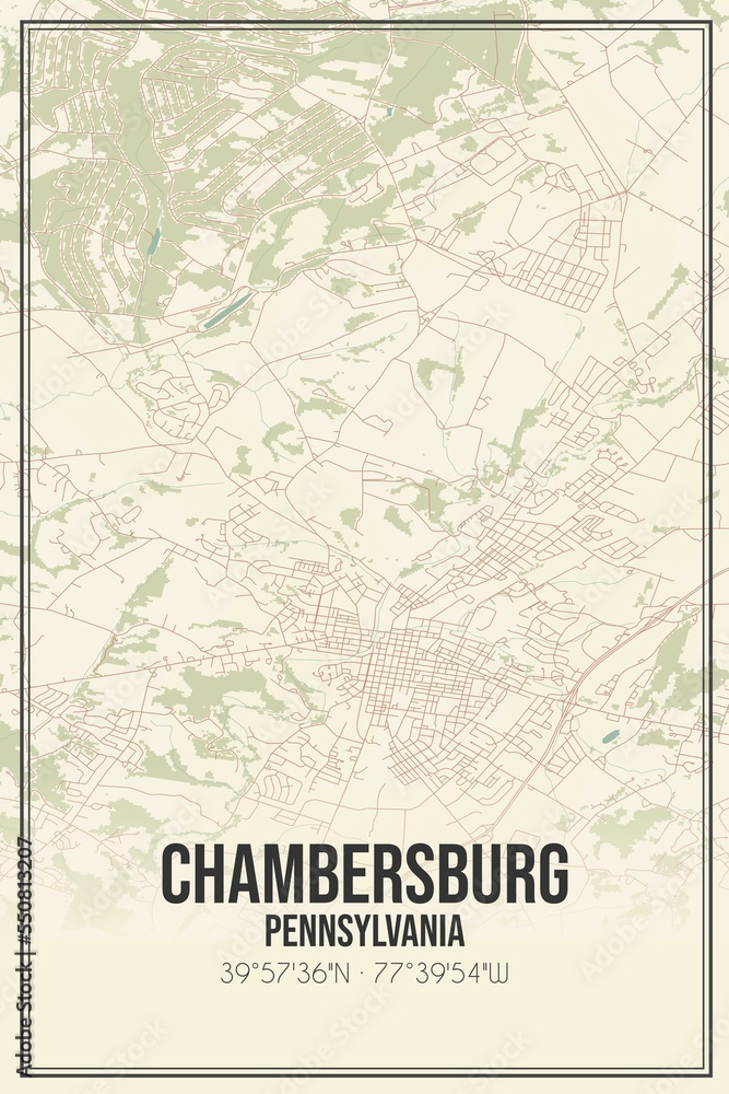 Retro US city map of Chambersburg, Pennsylvania. Vintage street map.