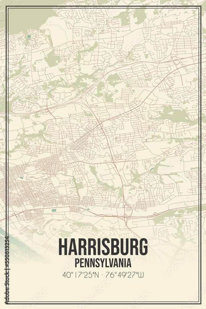 Retro US city map of Harrisburg, Pennsylvania. Vintage street map.