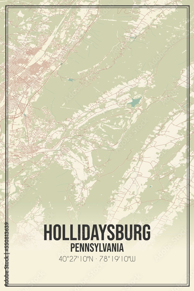 Retro US city map of Hollidaysburg, Pennsylvania. Vintage street map.