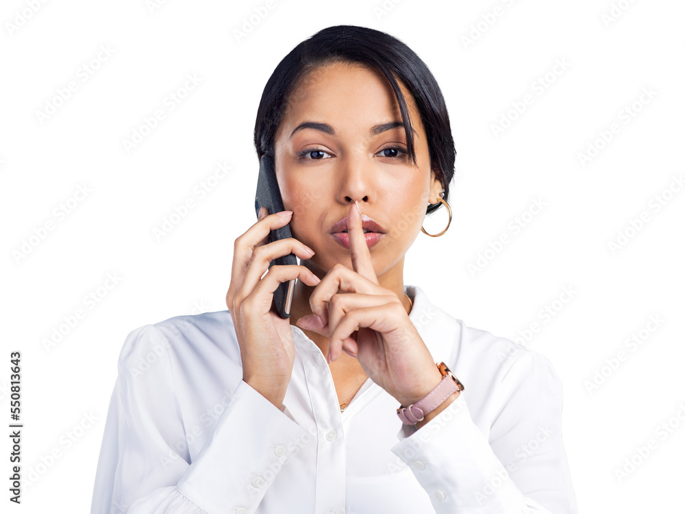 PNG Studio shot of a young businesswoman using a smartphone and placing her finger on her lips against a grey background PNG Studio shot of a young businesswoman using a smartphone and placing her finger on her lips against a grey background