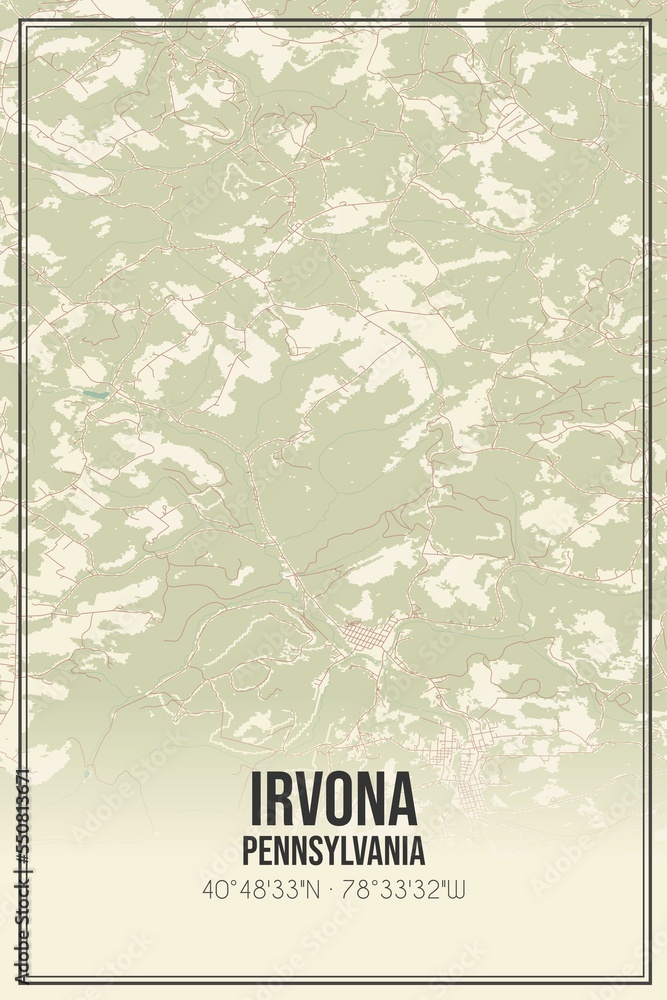 Retro US city map of Irvona, Pennsylvania. Vintage street map.