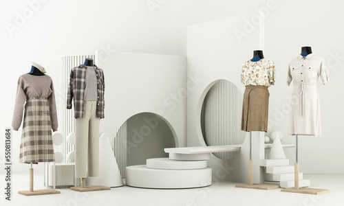 Fashion lifestyle concept Mannequins with space for promotional advertisements on sales and podiums. product show stand and geometric shape. on white background. 3d rendering © Jokiewalker
