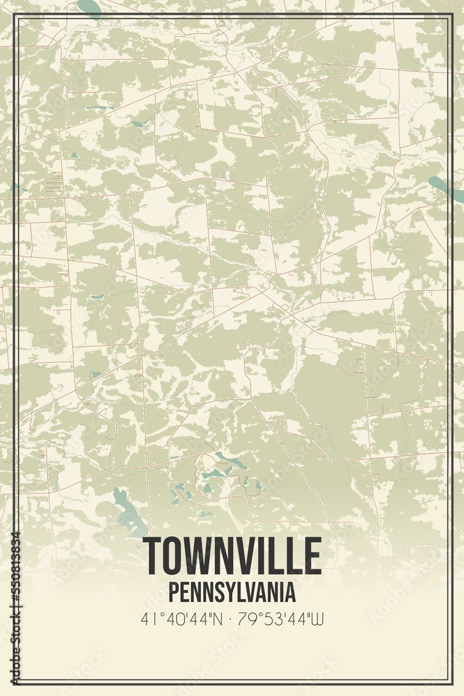 Retro US city map of Townville, Pennsylvania. Vintage street map.