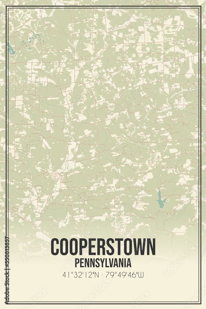 Retro US city map of Cooperstown, Pennsylvania. Vintage street map