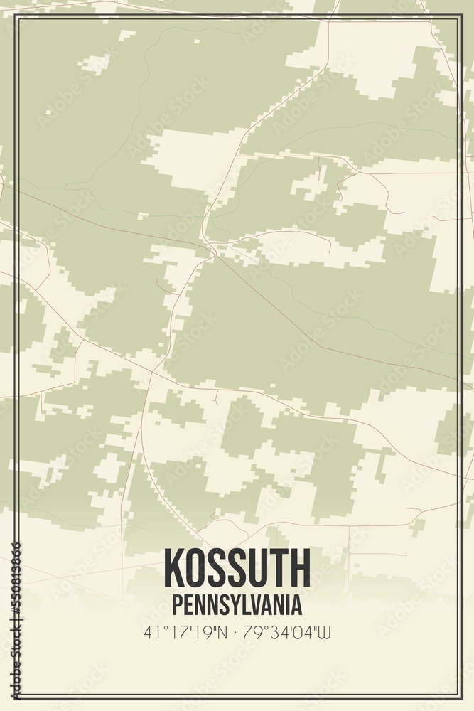 Retro US city map of Kossuth, Pennsylvania. Vintage street map.