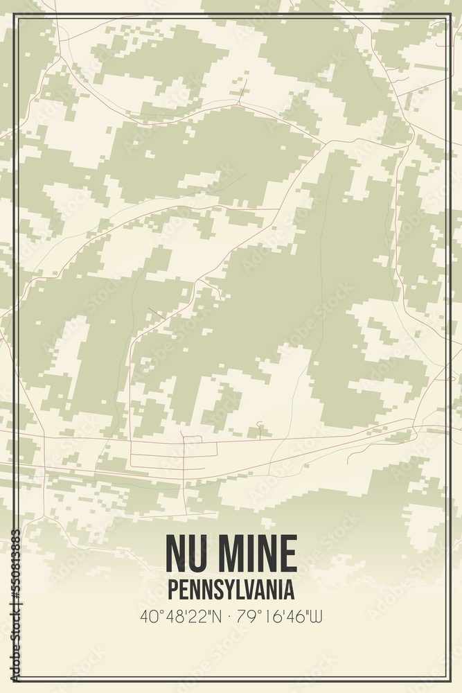Retro US city map of Nu Mine, Pennsylvania. Vintage street map.