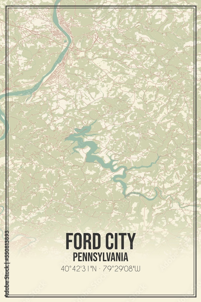 Retro US city map of Ford City, Pennsylvania. Vintage street map.