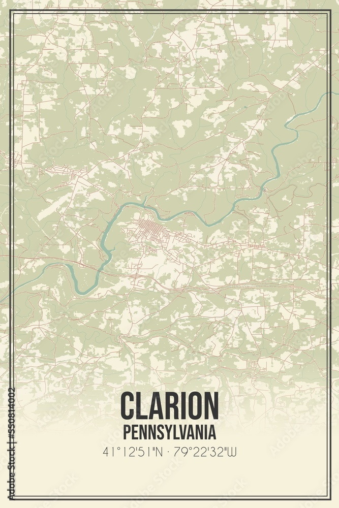 Retro US city map of Clarion, Pennsylvania. Vintage street map.