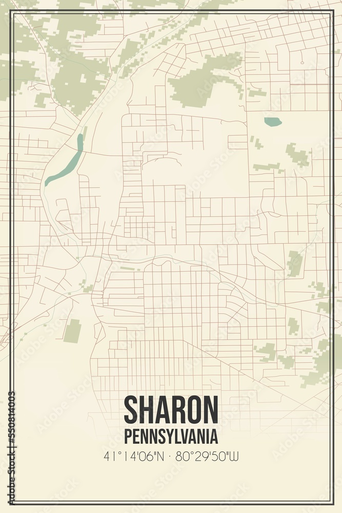 Retro US city map of Sharon, Pennsylvania. Vintage street map.