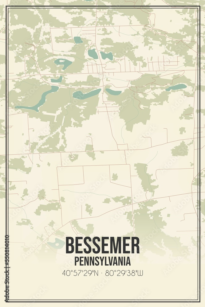 Retro US city map of Bessemer, Pennsylvania. Vintage street map.