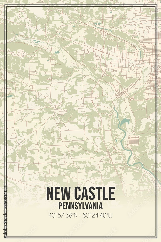 Retro US city map of New Castle, Pennsylvania. Vintage street map.
