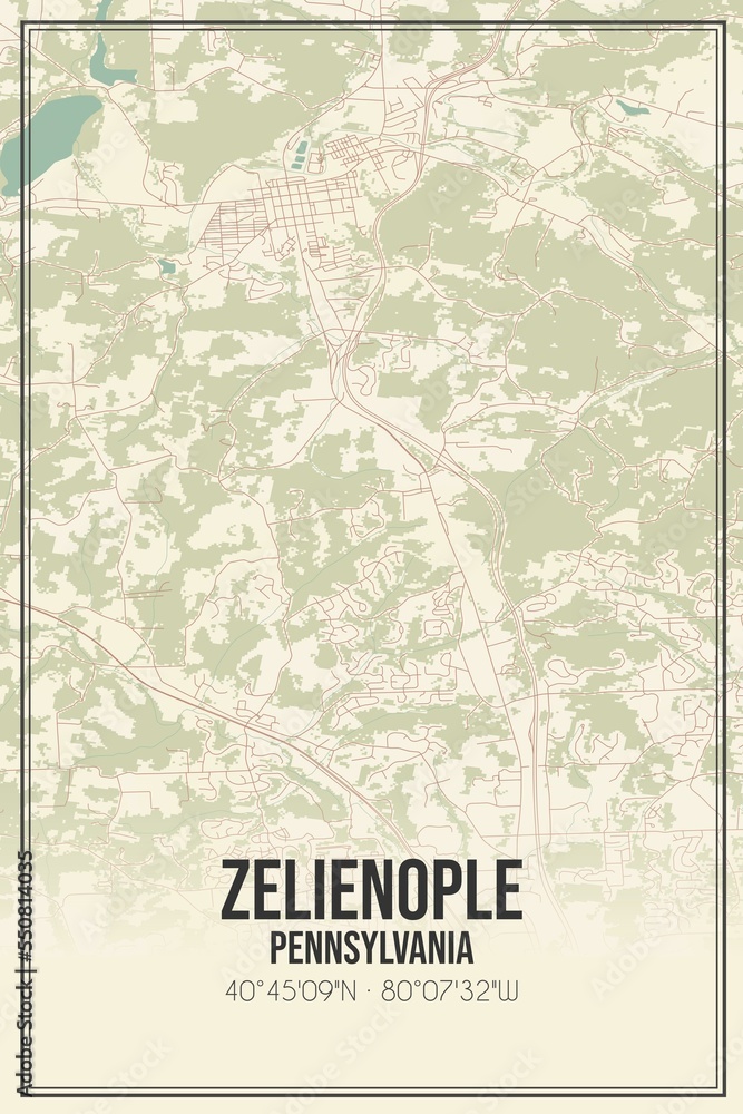 Retro US city map of Zelienople, Pennsylvania. Vintage street map.