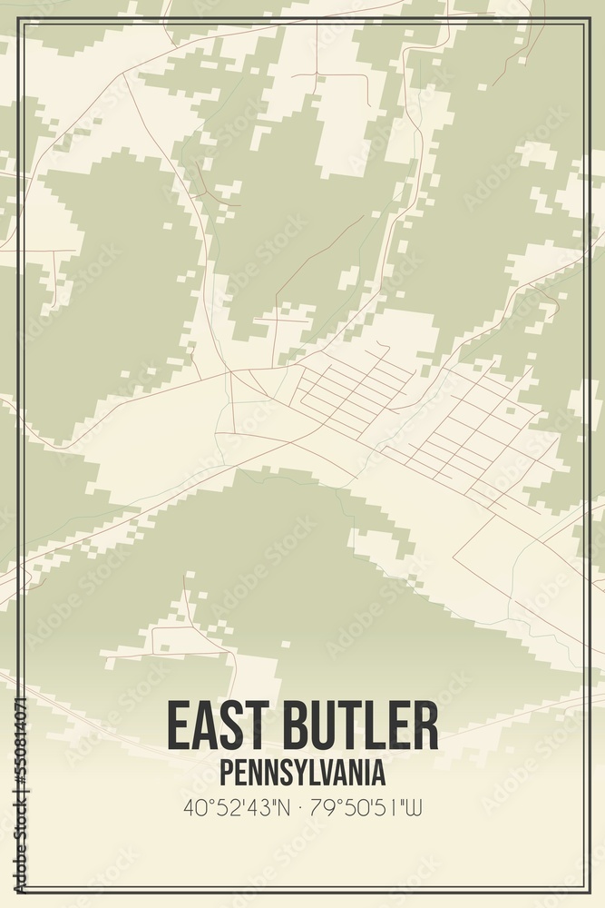 Retro US city map of East Butler, Pennsylvania. Vintage street map.