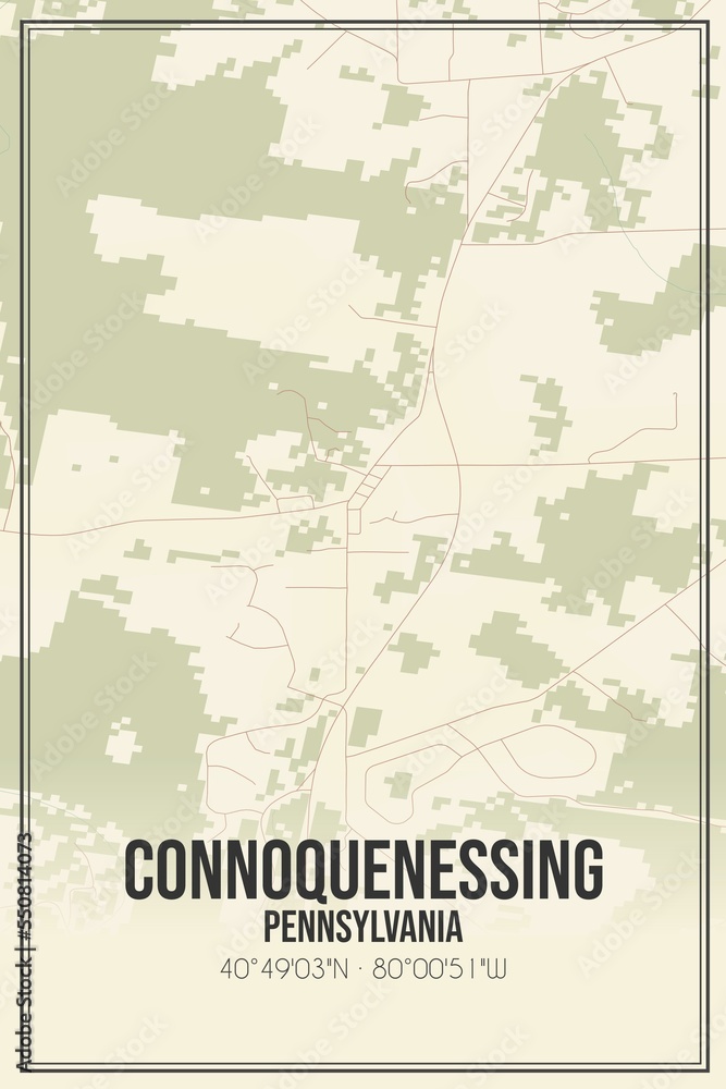 Retro US city map of Connoquenessing, Pennsylvania. Vintage street map.