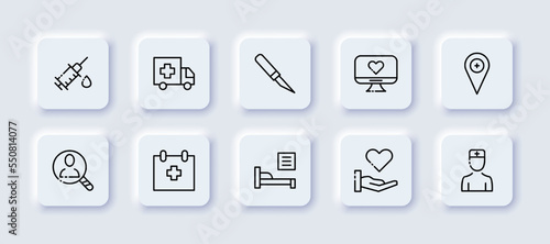 Medical aid set icon. Syringe, injection, ambulance, scalpel, heart, cardiogram, cardiology, location pointer, cross, doctor, patient, prescription, calendar, bed. Healthcare concept. Neomorphism