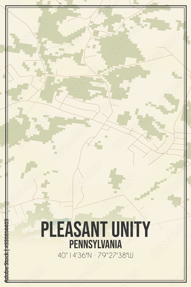 Retro US city map of Pleasant Unity, Pennsylvania. Vintage street map.