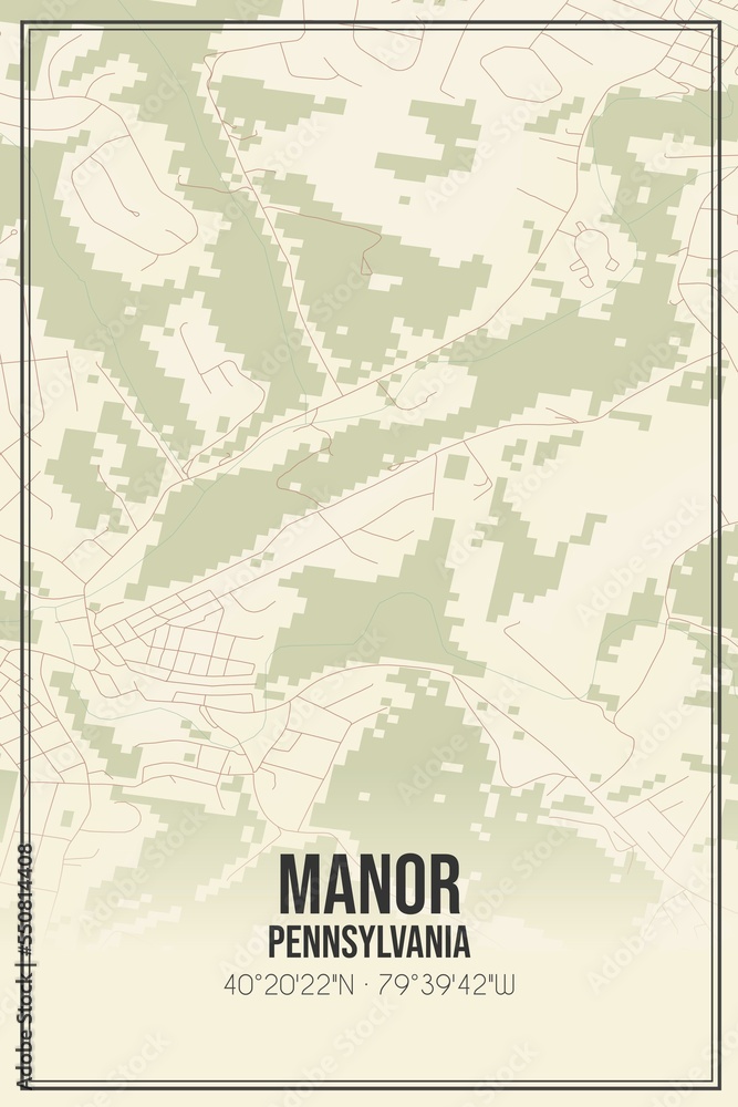Retro US city map of Manor, Pennsylvania. Vintage street map.