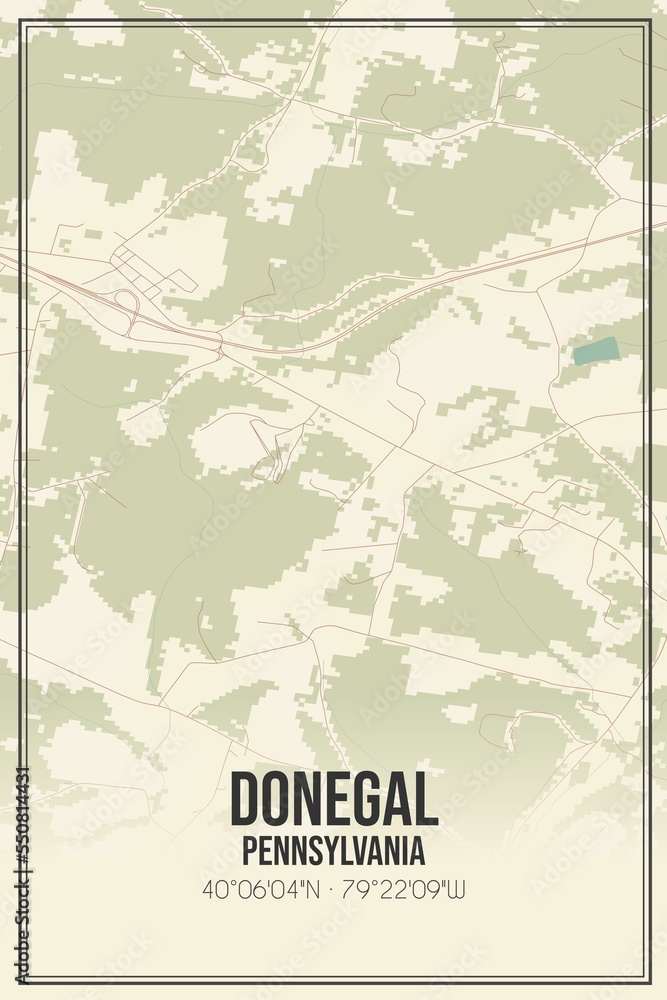 Retro US city map of Donegal, Pennsylvania. Vintage street map.