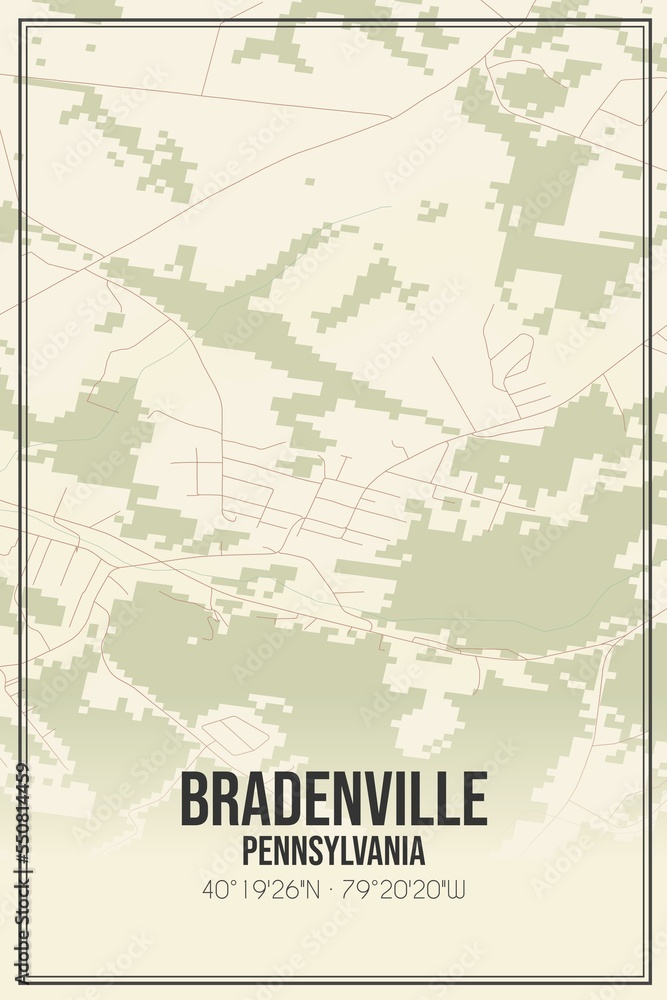 Retro US city map of Bradenville, Pennsylvania. Vintage street map.