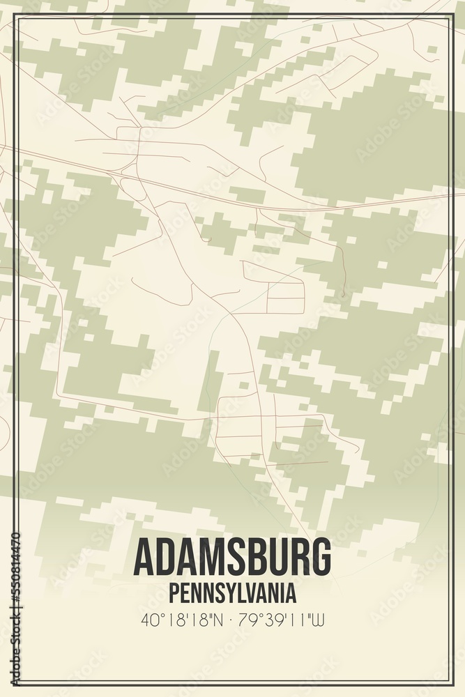Retro US city map of Adamsburg, Pennsylvania. Vintage street map.