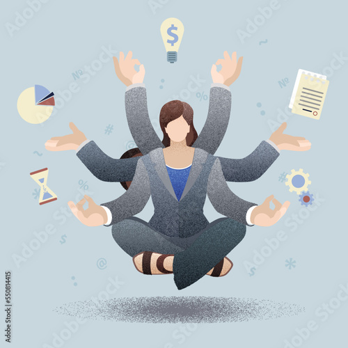 Business woman with multitasking skills. Woman in suit with many arms working on different tasks at the same time. Time management and self improvement. Flat design, vector particles, grain effect