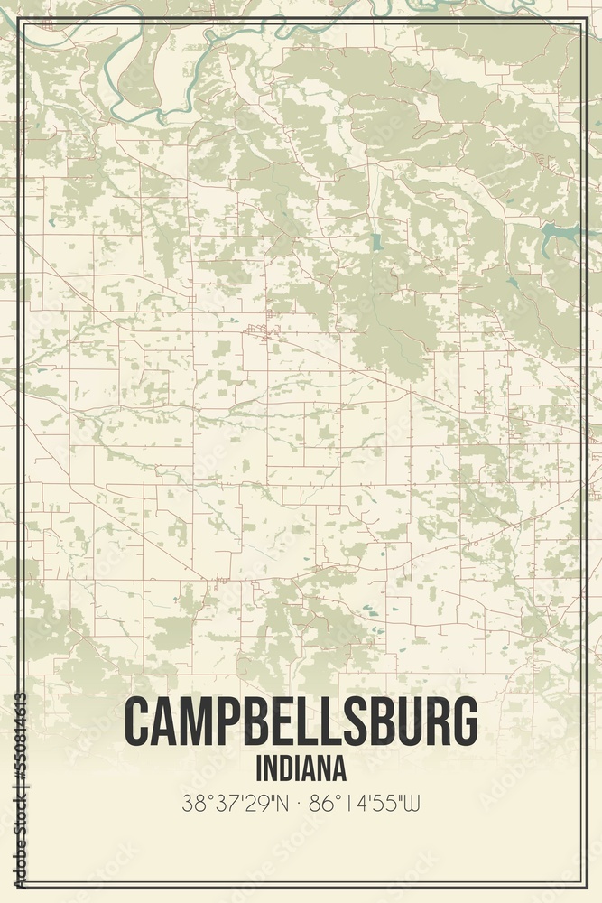 Retro US city map of Campbellsburg, Indiana. Vintage street map.