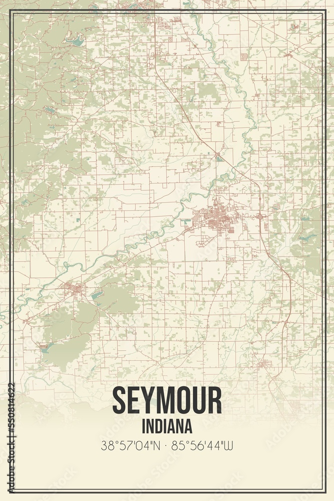 Retro US city map of Seymour, Indiana. Vintage street map.