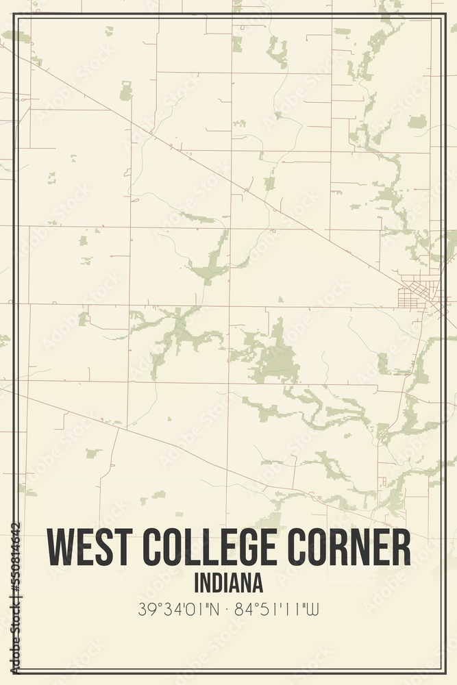 Retro US city map of West College Corner, Indiana. Vintage street map.