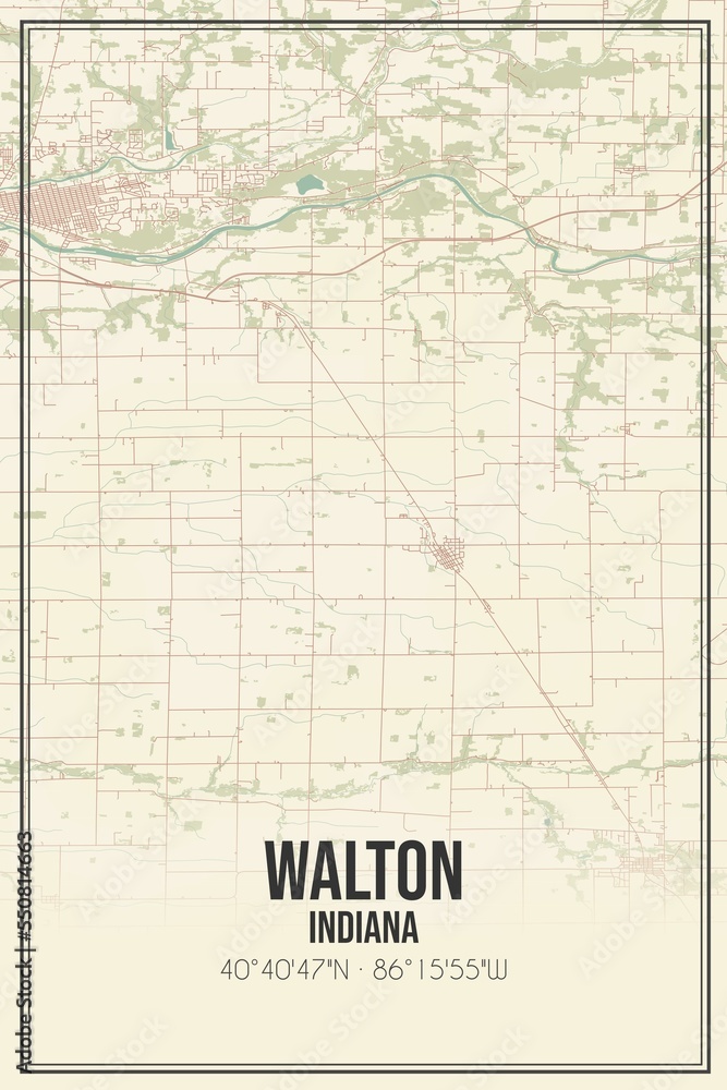 Retro US city map of Walton, Indiana. Vintage street map.
