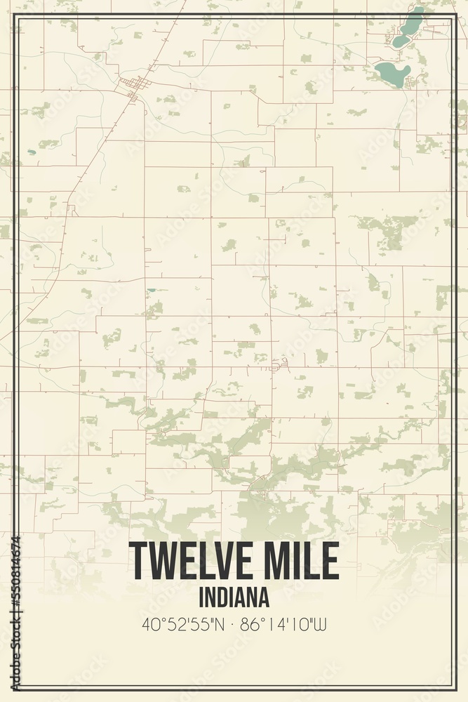Retro US city map of Twelve Mile, Indiana. Vintage street map.