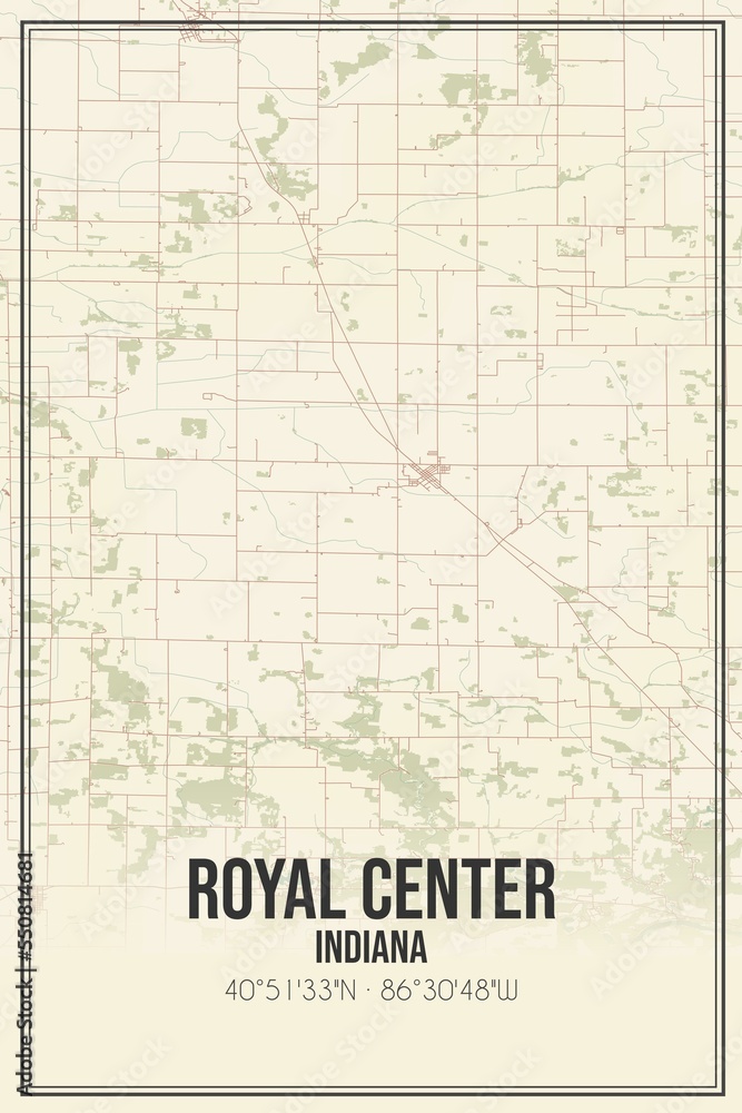 Retro US city map of Royal Center, Indiana. Vintage street map.