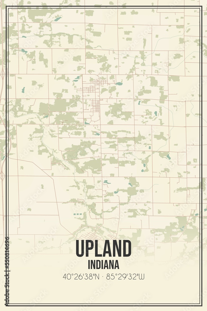 Retro US city map of Upland, Indiana. Vintage street map.