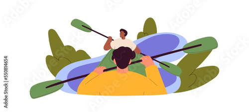 Kayaking sport. People rowing with paddles, sitting in double boat. Active friends kayakers rafting in rowboat down river on summer holiday. Flat vector illustration isolated on white background