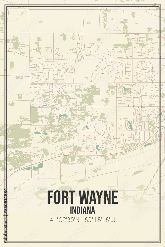 Retro US city map of Fort Wayne, Indiana. Vintage street map.