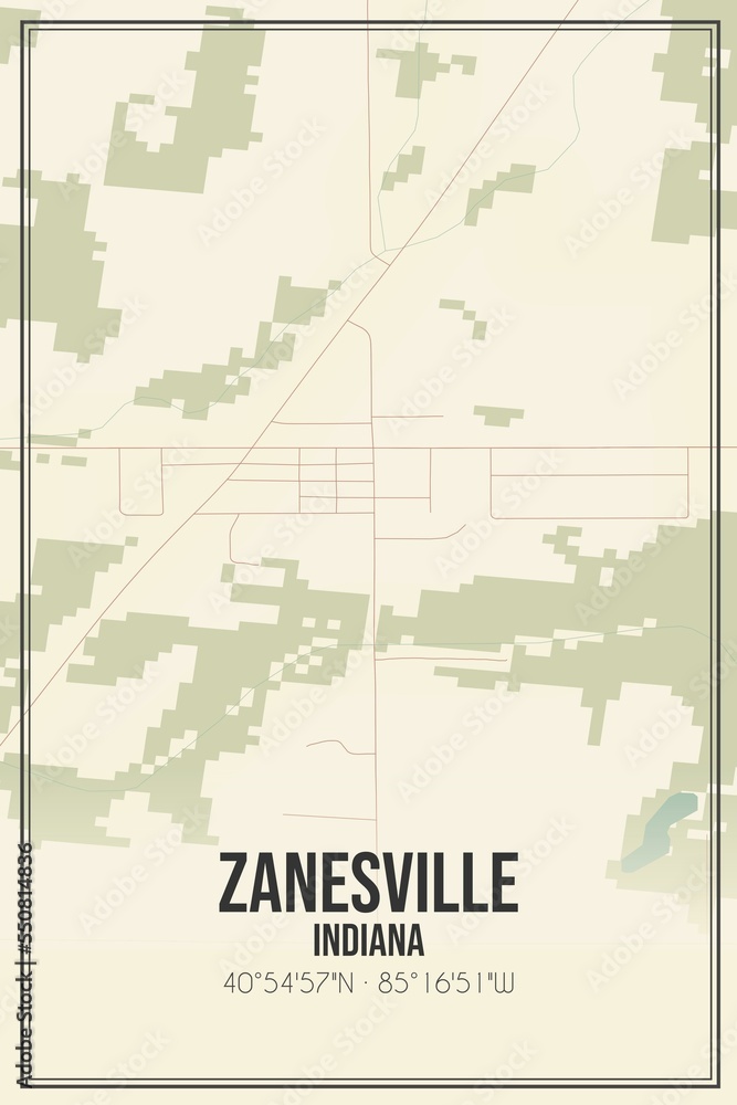 Retro US city map of Zanesville, Indiana. Vintage street map.