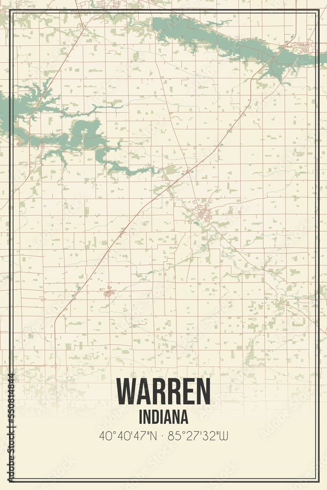 Retro US city map of Warren, Indiana. Vintage street map.