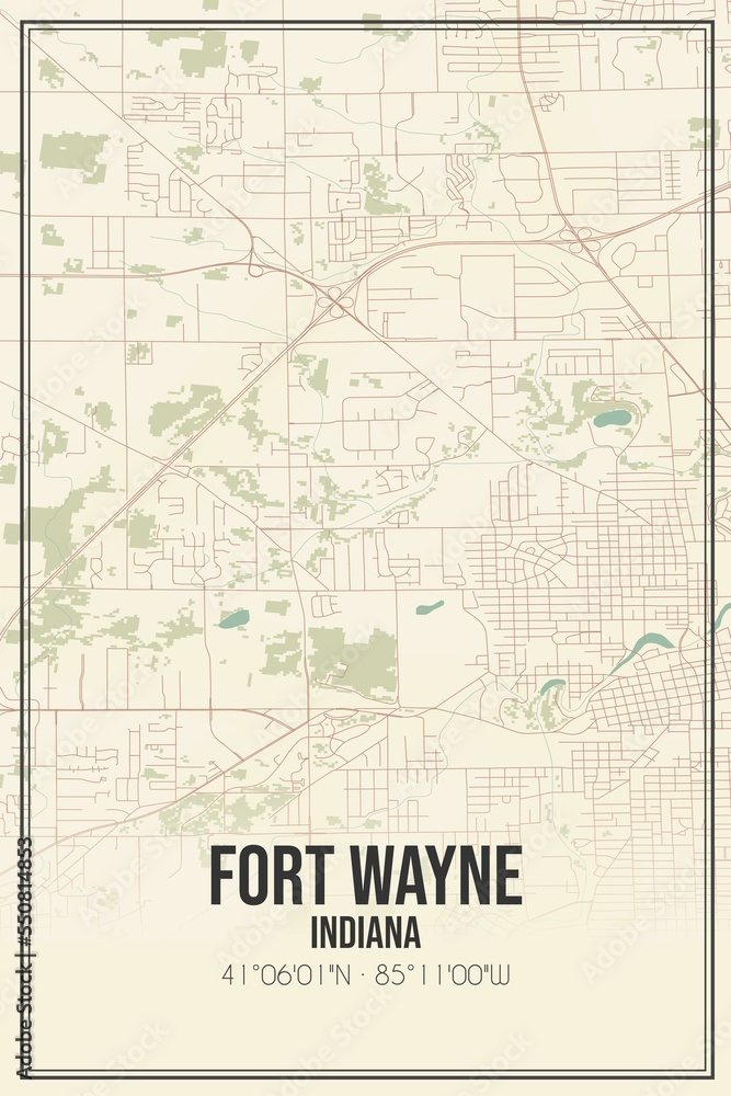 Retro US city map of Fort Wayne, Indiana. Vintage street map.