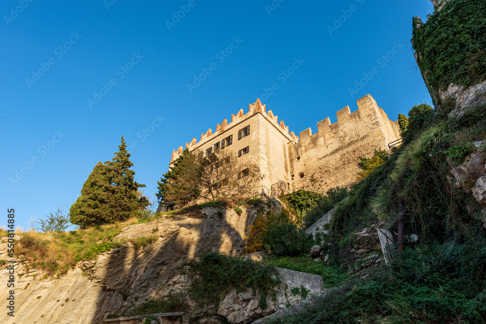 Medieval Scaligero Castle of Malcesine, tourist resort on the coast of Lake Garda (Lago di Garda). Verona province, Veneto, Italy, southern Europe.