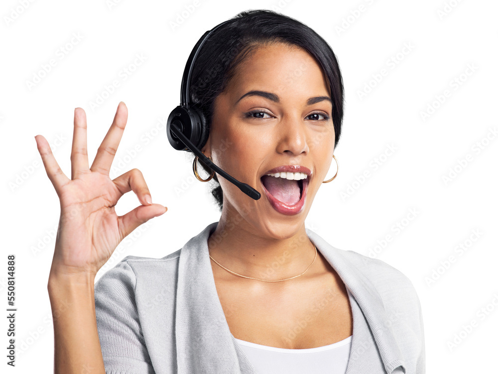 PNG Studio shot of a young businesswoman using a headset and showing an okay sign against a grey background PNG Studio shot of a young businesswoman using a headset and showing an okay sign against a grey background