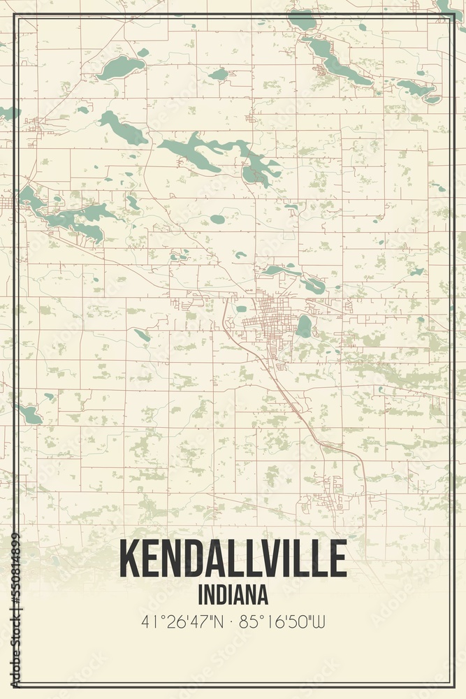 Retro US city map of Kendallville, Indiana. Vintage street map.