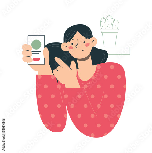 Girl in sweater with a smartphone in her hands. Vector flat minimalist illustration