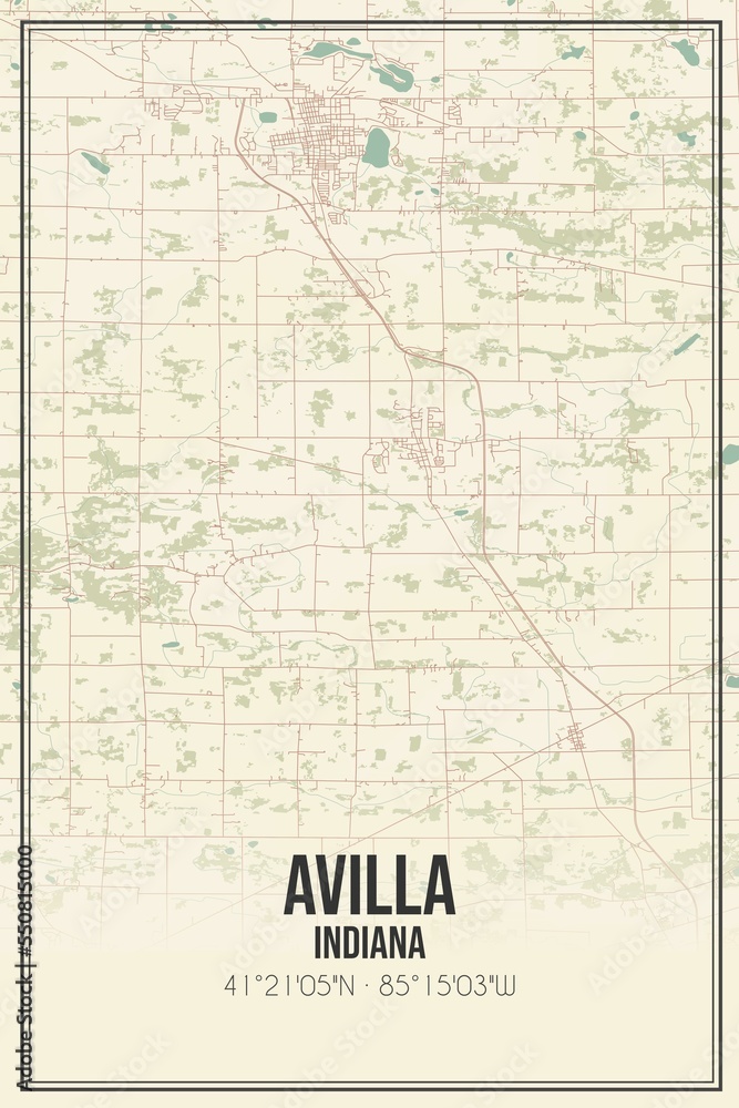 Retro US city map of Avilla, Indiana. Vintage street map.