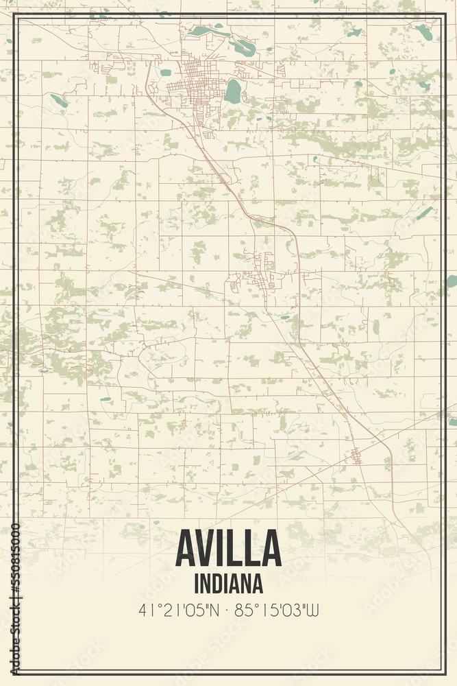 Fototapeta premium Retro US city map of Avilla, Indiana. Vintage street map.