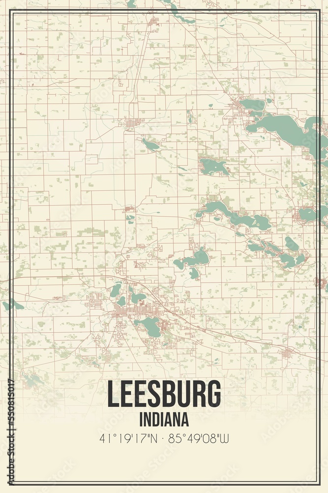 Retro US city map of Leesburg, Indiana. Vintage street map.
