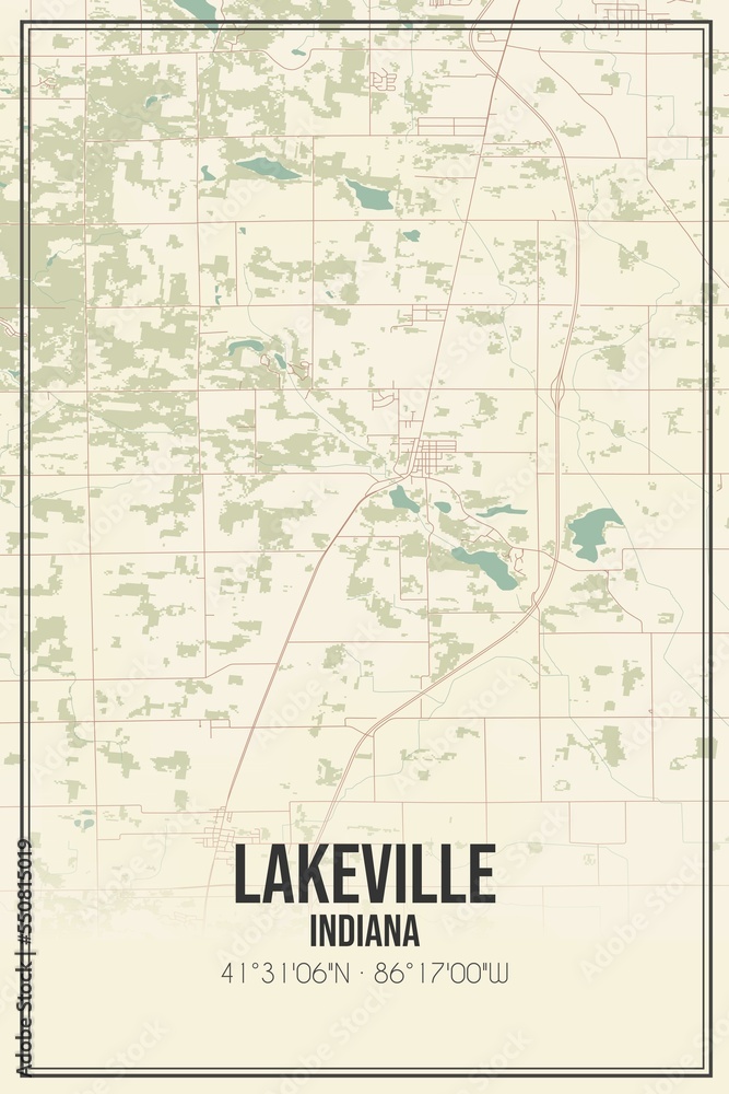 Retro US city map of Lakeville, Indiana. Vintage street map.