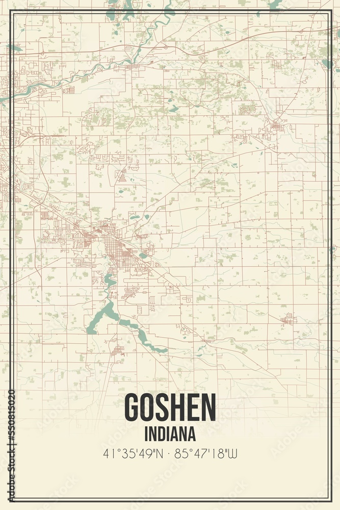 Retro US city map of Goshen, Indiana. Vintage street map.