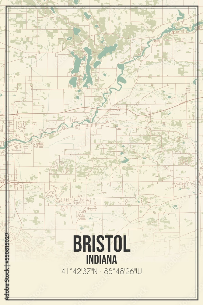 Retro US city map of Bristol, Indiana. Vintage street map.